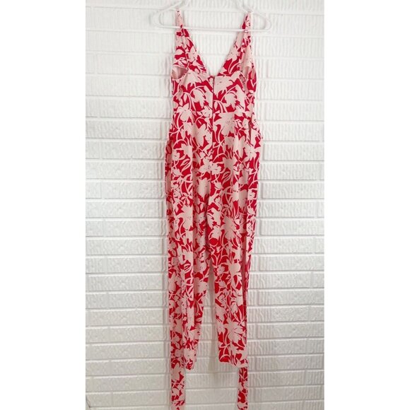 ASOS Jumpsuit Size 2 Red Floral Deep V Neck Summer Attached Belt - Picture 7 of 11